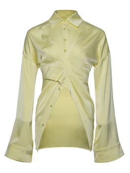 TWOTWINSTYLE Asimetrik Hem Gömlek Kadınlar Için Yaka Uzun Kollu Tek Göğüslü Katı Minimalsit Dantelli Bluzlar Kadın Giyim