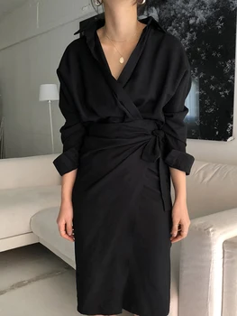 TWOTWINSTYLE Kore Dantelli Lace Up kadın Elbise V Boyun Uzun Kollu Rise Bel Bölünmüş Bahar Elbiseler Kadın Moda Yeni 2022