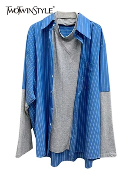 TWOTWINSTYLE Patchwork Sahte İki Parçalı Set Kadın Yaka Uzun Kollu Colorblock Casual Bluzlar Kadın Sonbahar Giysileri Yeni 2022 Tarzı