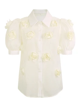 TWOTWINSTYLE Tatlı Pembe Patchwork Çiçek Gömlek Kadınlar İçin Yaka Puf Kollu Katı Bluzlar Kadın Yaz Giyim Tarzı Yeni 2022