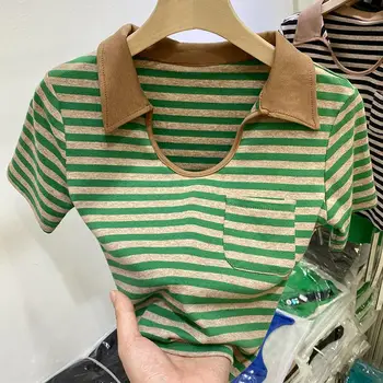 U Boyun Örme T Shirt Yaz Bahar İnce Gömlek Elastik Uzun Kollu Pamuklu Tişörtleri Kore Temel Jumper Çizgili Kırpma Üst Y2k