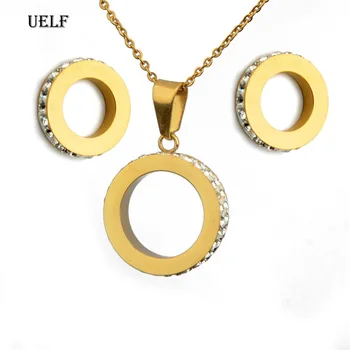 UELF Altın Renk Avusturyalı Kristal Klasik Hollow Yuvarlak kolye küpe Paslanmaz Çelik takı seti