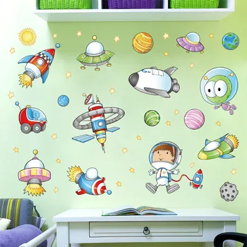 Uzay Astronot karikatür Duvar Sticker çocuk odası Dış Uzay Gezegen Galaxy Roket gemi dekoratif duvar çıkartmaları Çocuk Odaları İçin