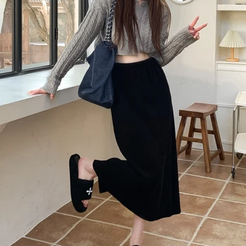Uzun Etekler Kadın Minimalist Katı Şık Geri Yarık Kız Kolej Y2k чбкаченская Kore Moda Tüm Maç Zarif Bayanlar Rahat