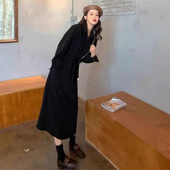 Uzun Kollu Elbise Kadınlar Katı Zarif Orta buzağı Ofis Bayan Yüksek Bel Moda Harajuku Günlük İnce Parti Rahat A-line Vintage