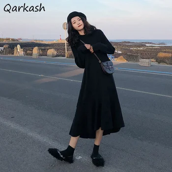 Uzun Kollu Elbiseler Kadın Sonbahar Siyah Orta buzağı Vintage Rahat Rahat O-Boyun Sıcak Satış Minimalist Zarif Tüm Maç Ulzzang Sokak