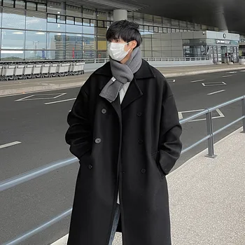 Uzun Toz Ceket Erkekler Kış Kore tarzı Trençkot Erkek Katı Kruvaze Yünlü Kumaş Ceket Gevşek Rahat Trençkot Dış Giyim
