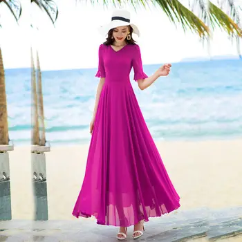 V Yaka Ofis Bayan Kısa Kollu Düz Renk İnce Diz boyu A-LİNE Elbiseler İmparatorluğu Rahat Şifon kadın giyim