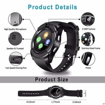 V8 akıllı saat Erkekler Bluetooth Spor Saatler Kadınlar Bayanlar için Kamera Sım Kart Yuvası ile Smartwatch Android Bilgi hatırlatma