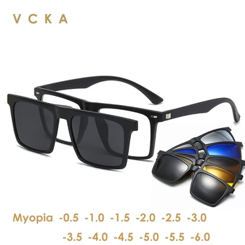 VCKA Miyopi Polarize Mıknatıs Güneş Gözlüğü Kadın Erkek Klip Gözlük Kare Optik Gözlük 6 İn 1 Gözlük Çerçeveleri - 0.5 TO -10
