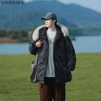 VERSMA Kore Tarzı Giyim Erkekler Karikatür Baskılı Kış Ceket Ceket Erkek Çift Taraflı Kürk Yaka Kış Rus Gençlik Parkas 5XL