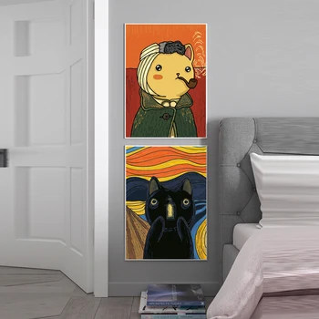 Vincent Karikatür Kedi Bayan Tuval Poster Monalisa Komik Baskı Boyama Kedi İnci Küpe Duvar Sanatı Resimleri Çocuk Odası dekor