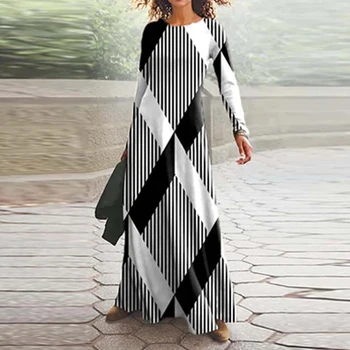 Vintage Geometrik Etnik Tarzı Maxi Elbise Kış Zarif O Boyun Kadın uzun elbise Moda Sonbahar Uzun Kollu Kadın Parti Elbiseler