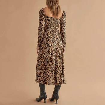 Vintage Kare Yaka Uzun Bölünmüş Elbise Kadın Baskı Uzun Kollu A-Line Leopar Elbise Bayanlar Moda Zarif Vestidos Sonbahar 2021
