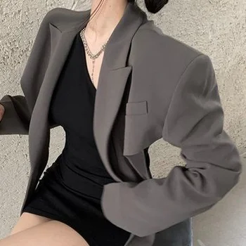 Vintage Moda Şık Kore Blazers Kadınlar Yeni Seksi Backless Gri Zarif Uzun Kollu Blazer Dış Giyim Çentikli Streetwear Tüm Maç