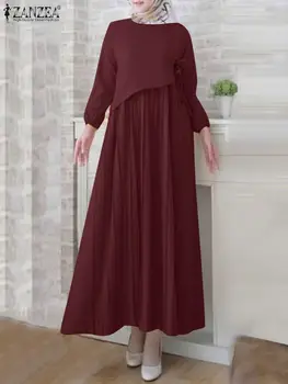 Vintage müslüman çarşafımın Başörtüsü Elbise ZANZEA Moda Kadınlar Uzun Kollu Pileli Sundress Casual Katı Uzun Vestido İslam Giyim