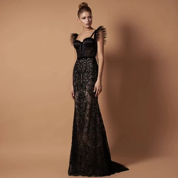 Vintage Siyah Mermaid Kolsuz balo kıyafetleri 2023 Kat Uzunluk Sevgiliye Aplikler Dantel Abiye giyim Vestido De Noche