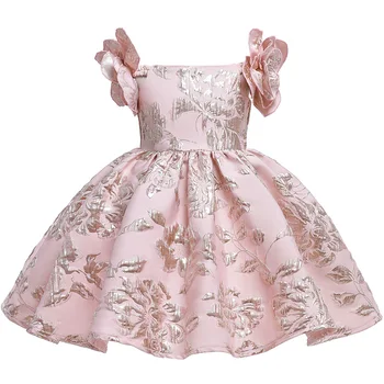 Vintage Çiçek Prenses Elbise Kızlar için Petal Kollu Jakarlı Düğün Zarif gelinlik Modelleri Bebek Tutu Vestido Çocuk Giysileri