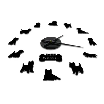 West Highland Terrier Westie Köpek Cins 3D Büyük DIY duvar saati Yavru Hayvan Kendinden Yapışkanlı Ayna Etkisi Akrilik Zaman Saati İzle