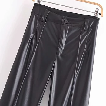 Wixra Kadın PU Düz Pantolon Sonbahar Faux Deri Katı Yükseklik Bel Fermuar Pantalones Mujer Cep Yüksek Sokak Pantolon