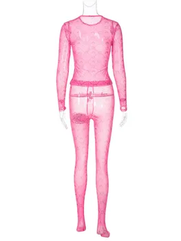 WJFZQM Kadınlar Mesh See Through Baskı Uzun Kollu T Gömlek + Yüksek Bel dar pantolon Eşleşen Takım Elbise Kulübü Streetwear 2 Parça Set 2022