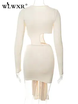 WLWXR Sonbahar Rahat Moda Elbiseler Kadınlar İçin 2022 O Boyun Hollow Out Bandaj Uzun Kollu Elbise Kayısı Katı Mini Elbise Kadın