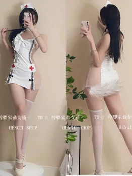 WOMENGAGA Ev Elbise Cosplay Hemşire Seksi Sevimli Günaha Örgü Dantel Halter Boyun Mini Kore Tankı Elbiseler Üniforma Gece Kulübü Bar QA8