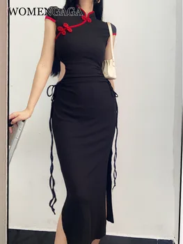 WOMENGAGA Siyah Uzun Cheongsam Yaz Maxi Elbise OL Zarif Ince Seksi Yüksek Bel Retro Sıcak Seksi Kore Kadın Üstleri İpli 8TH