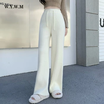 WYWM Kış Ins Elastik Yüksek Bel Geniş Bacak Pantolon Kadın Gevşek Katı Yumuşak Örme Pantolon Kadın Düz Dökümlü Anlamak Pantolon