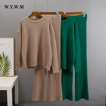 WYWM Kış Kalın Set Kadın Örme 2 Parça Takım Elbise Yeni sıfır yaka kazak ve Çukur Çizgiler Yüksek Bel Gevşek pantolon Yumuşak Dış Giyim Eşofman