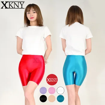 XCKNY Dikişsiz ön kısa tayt yağ parlak spor pantolon parlak streç pantolon ince pantolon seksi ipek ince bel yoga yüzmek şort