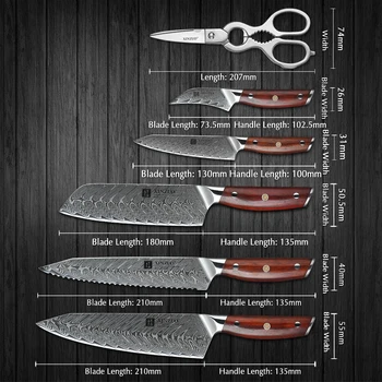 XINZUO 7 ADET Mutfak Bıçağı Şam Çelik Şef Dilimleme Yardımcı Soyma Bıçağı Çin VG10 Çelik Gülağacı Kolu Keskin Kesici