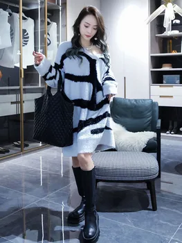 XITAO Moda Rahat Örgü Elbise Kontrast Renk Düzensiz Çizgili Ekleme Dekorasyon Gevşek V Yaka Kazak Kadınlar WLD15096