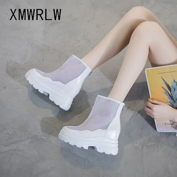 XMWRLW 2020 kadın Yaz Çizmeler Nefes Örgü Yüksek Topuklu Kama Çizmeler Kadın Yaz ayakkabı Kadın Moda bileğe kadar bot Ayakkabı