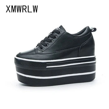 XMWRLW Hakiki Deri platform ayakkabılar Kadınlar İçin 2020 İlkbahar Sonbahar Yüksek Topuklu Takozlar Kadın Ayakkabı Siyah beyaz ayakkabı Sneakers