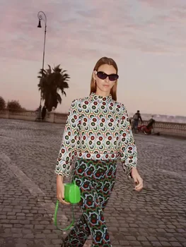 Xıkom 2022 Kadınlar Vintage Standı Yaka Geometrik Baskı Kısa Önlük Bluzlar Bayan Şık Uzun Kollu Casual Gömlek Blusas Tops