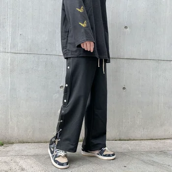 Yan Bölünmüş Göğüslü Sweatpants Erkek Joggers Hip Hop Streetwear Elastik Bel Geniş Bacak Pantolon Gevşek Düz Harajuku Kargo Pantolon