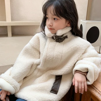 Yapay Kuzu yün paltolar Kızlar için Kemer Tokası Tasarım Kış Sıcak Tutmak Ceketler 3-7Y Çocuklar Trend Moda Parkas Çocuk Giysileri
