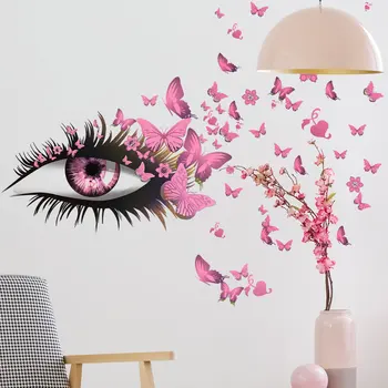 Yaratıcı Güzel Kız Gözler Duvar Sticker Uçan Kelebek Duvar Çıkartmaları Kız Uzun Kirpik Çift Severler Yatak Odası Dekorasyon