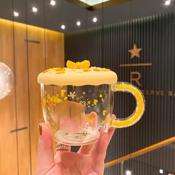 Yaratıcı kupa altın Osmanthus su cam bardak kabak yıldız Papa kabarcık süt silikon kapak ısıya dayanıklı cam kahve fincanları