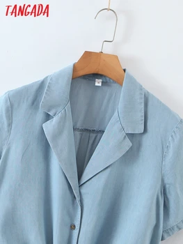 Yay ile Tangada Kadın Retro Gevşek Mavi Kot Gömlek İnce Kısa Şık Kadın Yaz Üstleri Kollu Gömlek 8H91