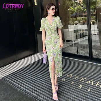 Yaz 2022 Yeni kadın kabarcık kollu yeşil çiçek elbise Ofis Bayan Diz Boyu Polyester