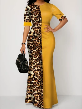 Yaz Afrika Elbiseler Kadınlar için Yeni Dashiki Sarı Leopar Afrika Giysi Artı Boyutu Baskı Retro Afrika Bodycon Uzun Maxi Elbise