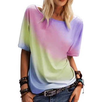 Yaz Artı Boyutu Yeni kadın Giyim Gökkuşağı Baskı Renk Değişimi Yuvarlak Boyun Kısa Kollu bol tişört Kadınlar için