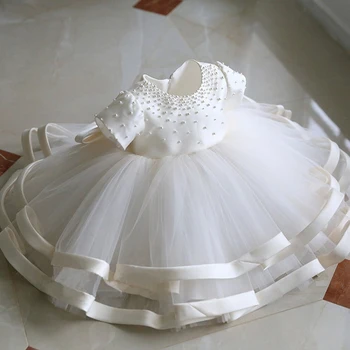Yaz Boncuk Beyaz Vaftiz Bebek Elbise İlk Communion Vaftiz Gelinlik için Parti 1 Yıl Doğum Günü Prenses Balo Elbisesi