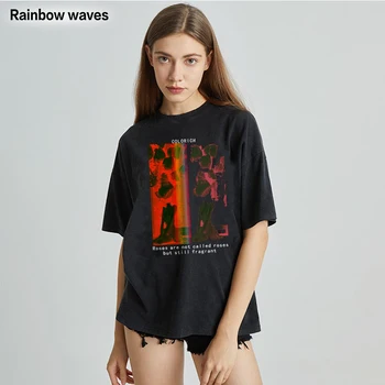 Yaz kadın T-shirt Gül Baskı Vintage Yıkanmış Büyük Boy Kısa Kollu Tişört Hip Hop Streetwear Casual Gevşek Üstleri Rainbowwaves