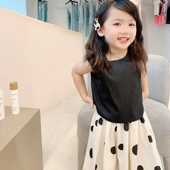 Yaz Kız giyim setleri Geri Düğmeleri İçi Boş Yelek Rahat Üst + Polka Dot Etek Moda Bebek Çocuk Kıyafet Çocuk Giysileri Takım Elbise