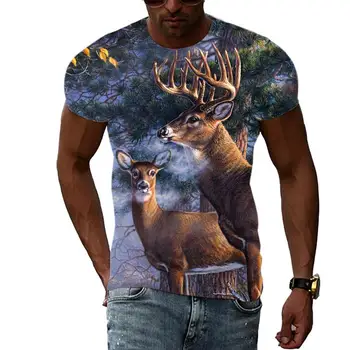 Yaz Moda Hayvan Sika Geyik desen t shirt Erkekler İçin 3D Baskı Hip Hop Harajuku Kişilik Yuvarlak Boyun Tee Kısa Kollu Üst