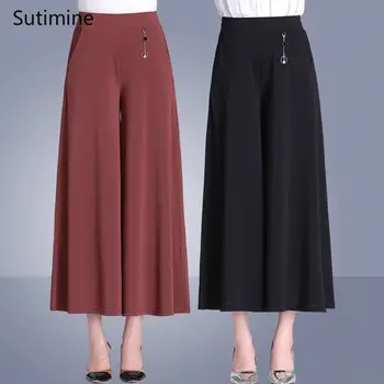 Yaz ve Sonbahar Artı Boyutu Culottes Geniş bacak Pantolon İnce Orta Yaşlı ve Yaşlı Yüksek bel kadın pantolonları