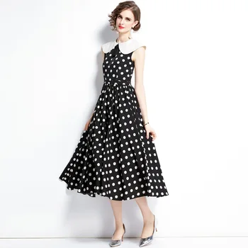 Yaz Yaka Slim Fit Retro Polka Dot Baskı Orta Uzunlukta Kolsuz Kadın Elbise